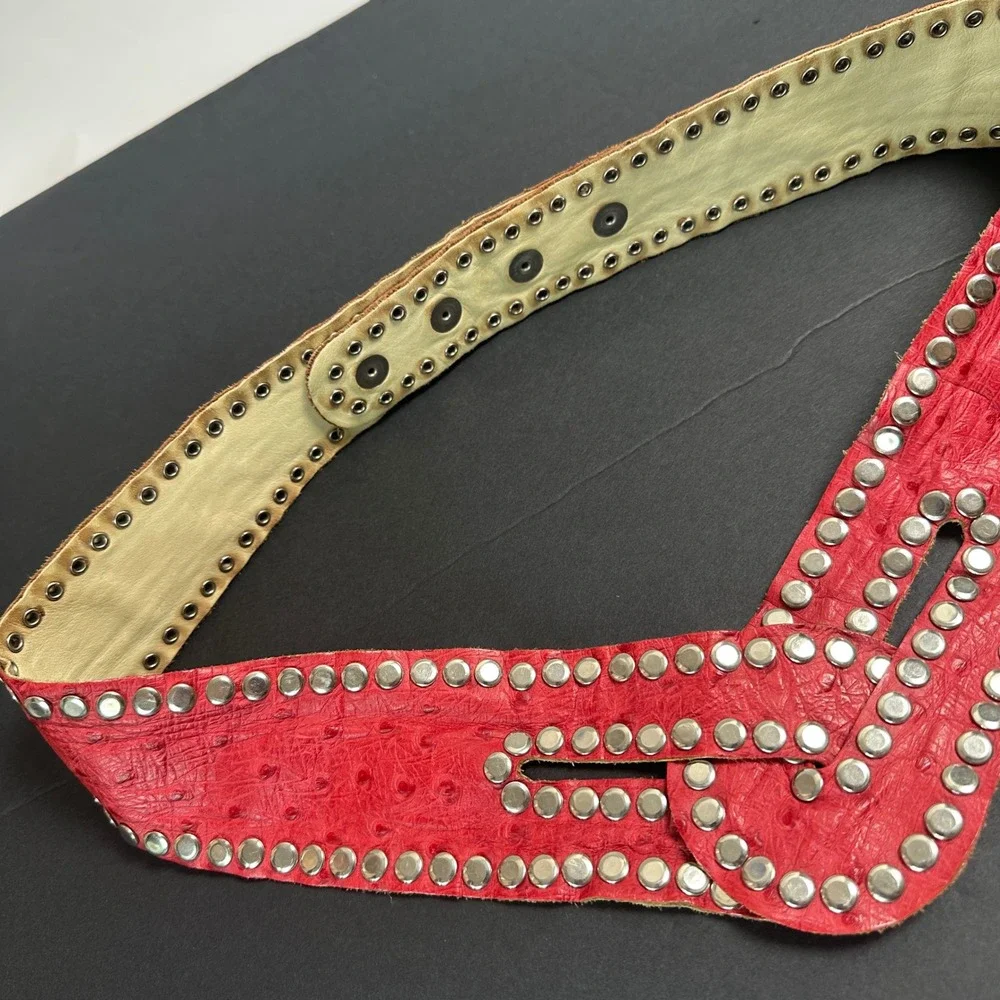 Vintage Genuine Ostrich Leather Belt L Red Silver Studded Cummerbund Adjustable